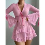 2025 European and American Fashion Sexy Lace See-through Pure Desire Hot Girl Lace-up Long-sleeved V-neck One-piece Short Skirt - 图片 7